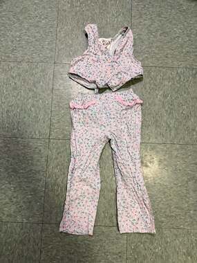 Vintage Swat Kids Pink Floral Vest and Ruffle Flare Pants Set 2-Piece
